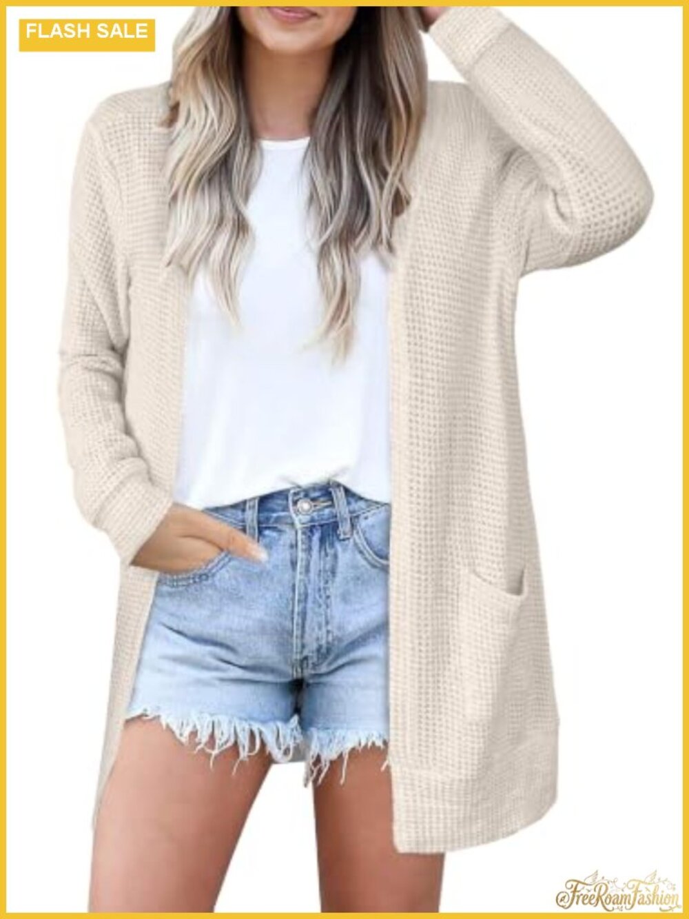Waffle Knit Open Front Cardigan Lightweight Casual Fall Layering Sweater